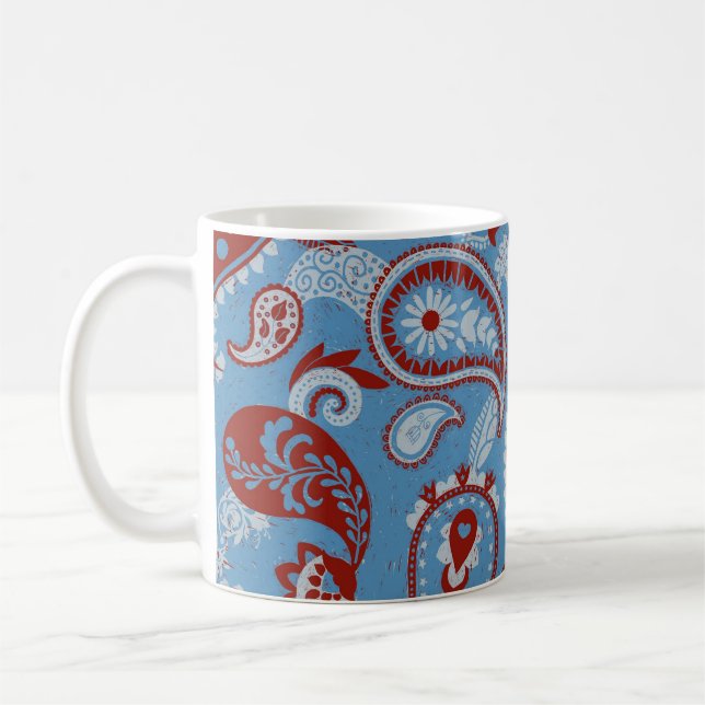 Mug Linocut traditionnel Paisley Rouge Bleu Blanc (Gauche)