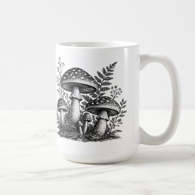 Mug Linogravure de champignons forestiers vintage (Droite)