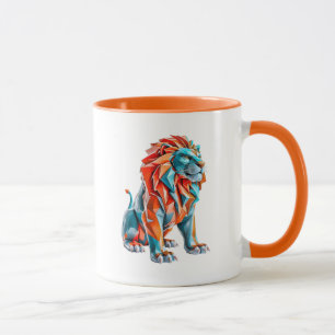 Mug lion coloré, origami avec crinière rouge et bleu.