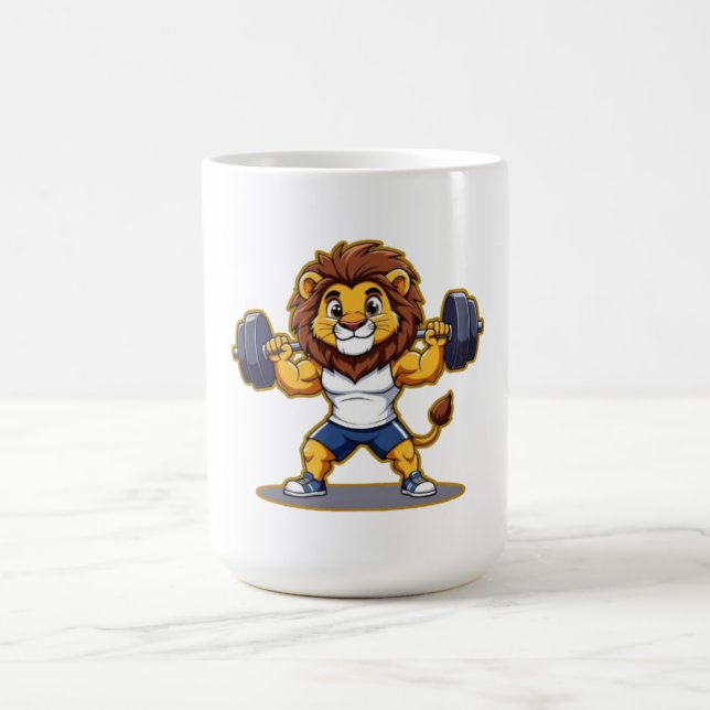 Mug Lion Lifting Light Weights – Cute Gym Animal Illus (Centre)