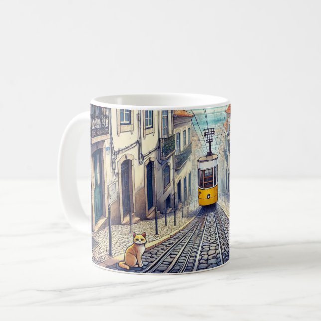Mug Lisbonne Portugal Bica Funiculaire avec chat (Devant gauche)