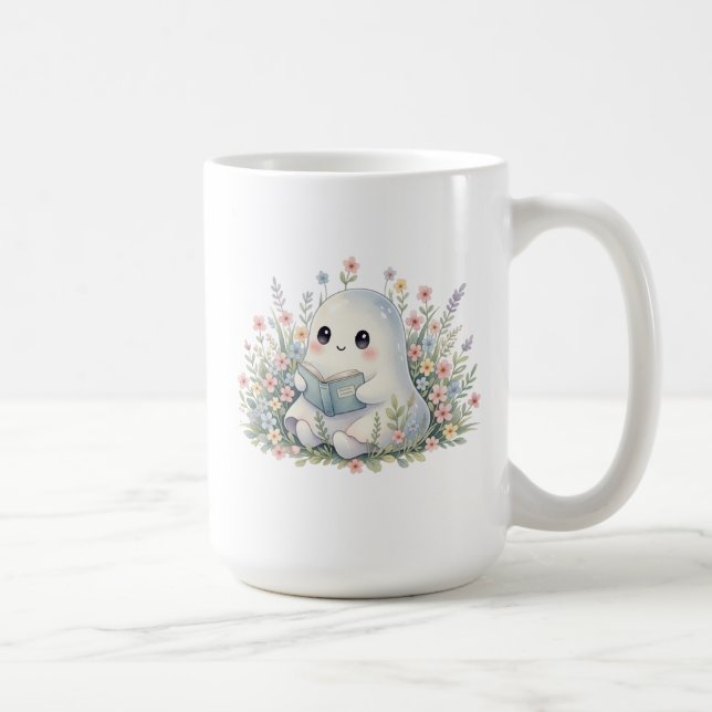 Mug Livre De Lecture Du Fantôme De Kawaii - Aquarelle  (Droite)