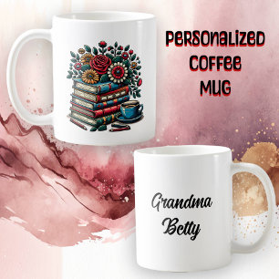 Mug Livres anciens personnalisés, café et fleurs