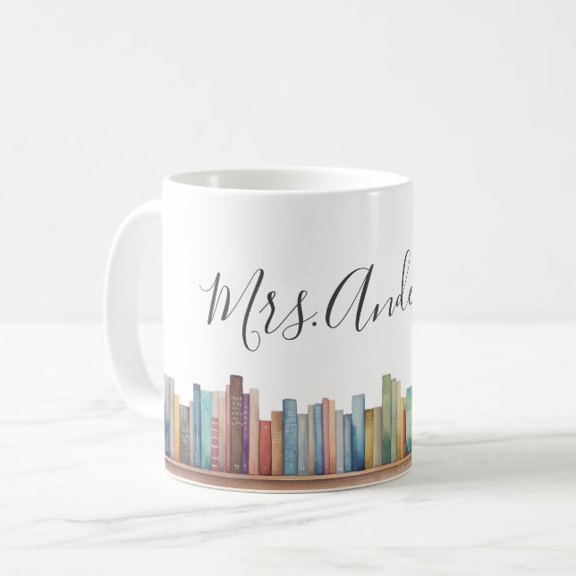 Mug Livres aquarelles colorés Nom de l'enseignant (Devant gauche)