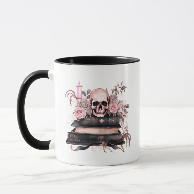 Mug Livres crâniens Halloween Rose rose et gris (Gauche)