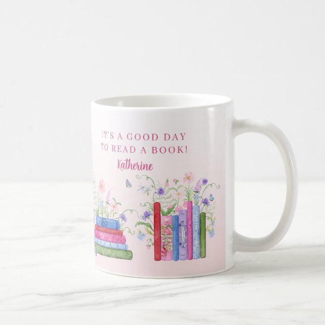 Mug Livres étagères empilées Fleurs d'aquarelle de jou (Droite)