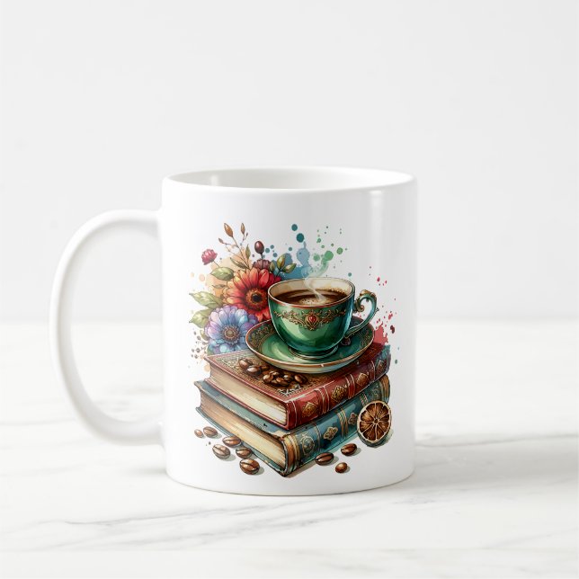 Mug Livres vintages, Fleurs et Café ou Thé (Gauche)