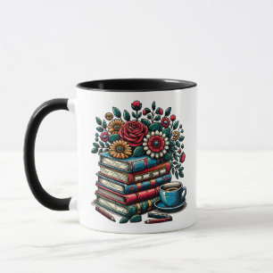Mug Livres Vintages personnalisés, café et fleurs
