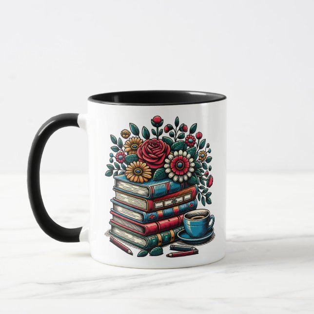 Mug Livres Vintages personnalisés, café et fleurs (Gauche)