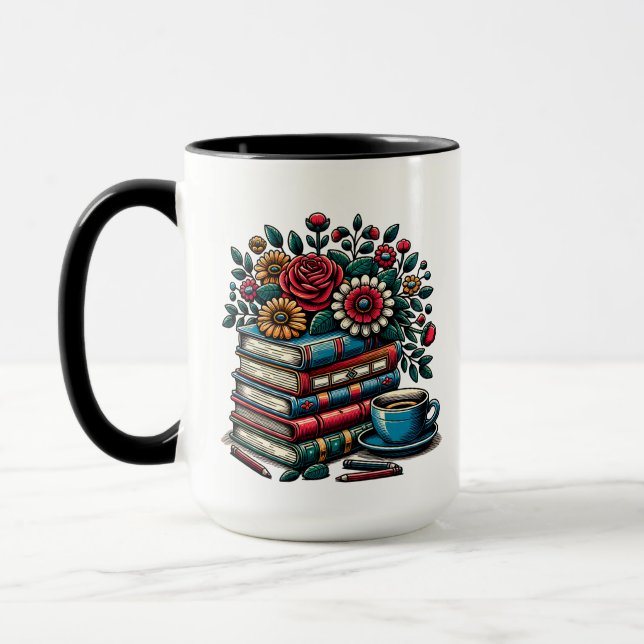Mug Livres Vintages personnalisés, café et fleurs (Gauche)