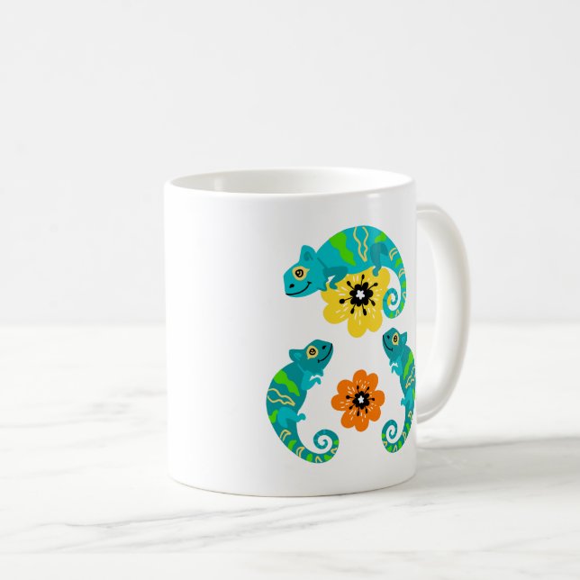 Mug Lizards Aimer Orange & Fleurs Jaunes Tissu Blanc (Devant droit)