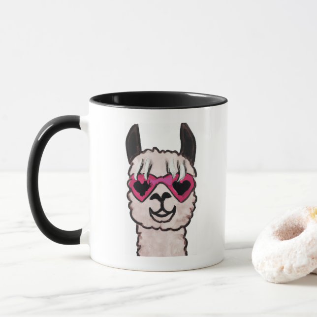 Mug Llama cool avec lunettes de coeur (Avec donut)