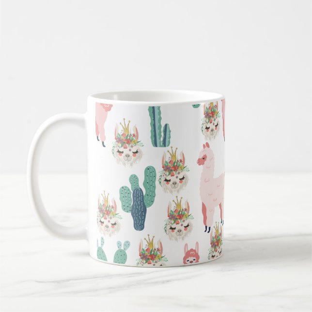 Mug Llama rose et vert cactus, Alpaca, mignonne, Fille (Gauche)