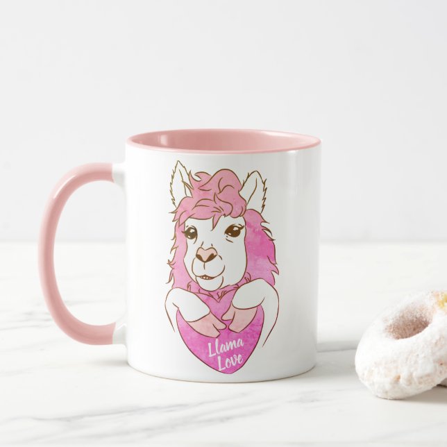 Mug Llama rose mignonne Croquis Llama Love (Avec donut)