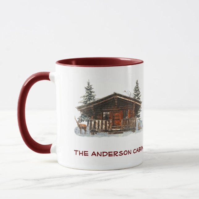 Mug Log Cabine Lake House Deer Woods Custom Text Musiq (Gauche)