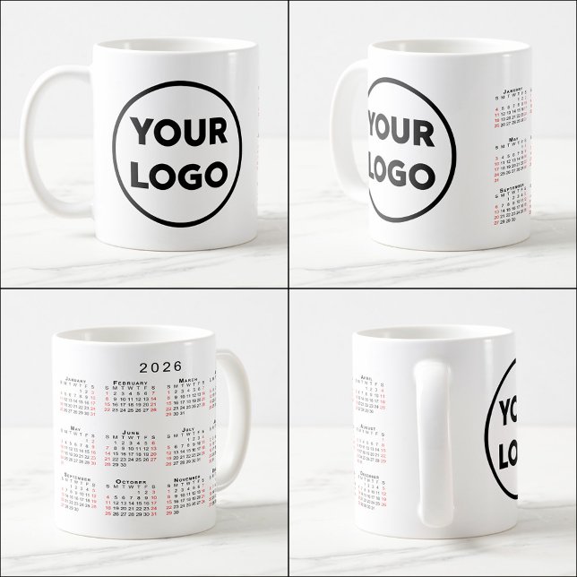 Mug Logo d'entreprise personnalisé Calendrier 2026 (Custom Business Logo 2026 Calendar Coffee Mug, multiple views)