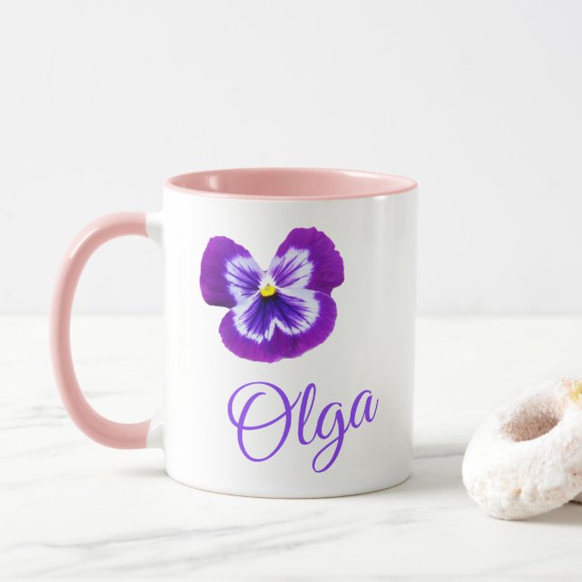 Mug Logo Du Nom "Olga" Avec Un Pansy Violet (Avec donut)