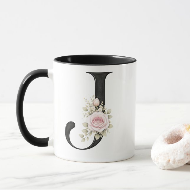 Mug Logo élégant à monogramme à lettre J florale (Avec donut)