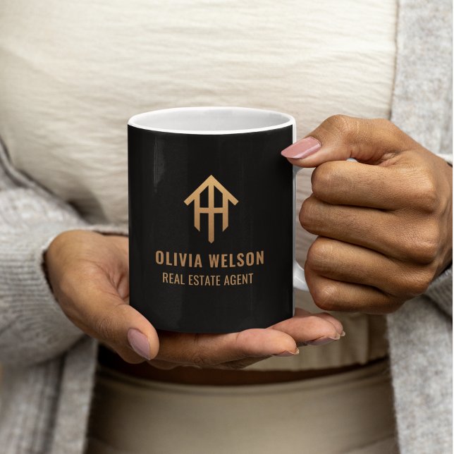 Mug Logo élégant d'agent immobilier en noir et or (Créateur téléchargé)