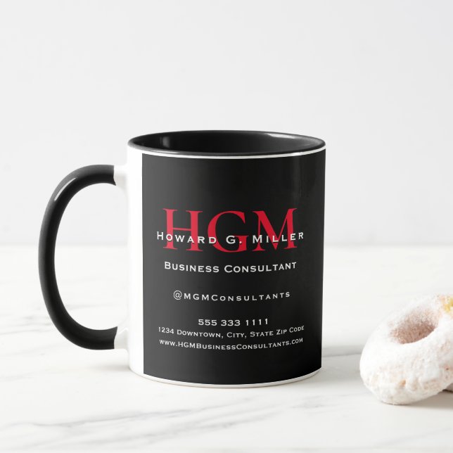 Mug Logo Monogramme d'entreprise Noir Rouge Blanc Prom (Avec donut)