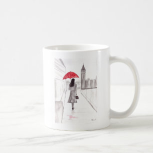 Mug Londres fille avec parapluie rouge aquarelle Angle