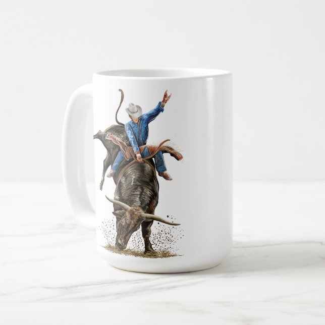 Mug Longhorn Bull Rider Rodeo Power Sport Western Art (Devant gauche)