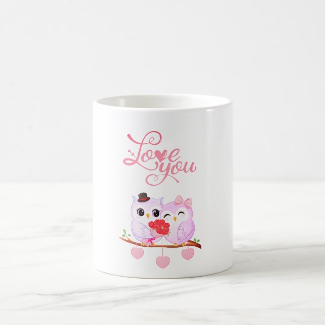 Mug Lote You Cute Owls Couple Valentine Coeur Rose Rom (Centre)