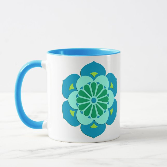 Mug Lotus Flower Mandala, Turquoise, Blue et Lime (Gauche)