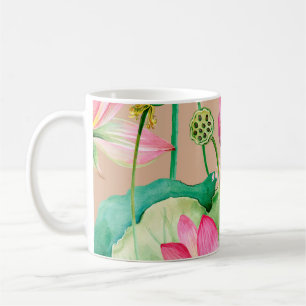 Mug lotus flowers seamless pattern. watercolor botanic
