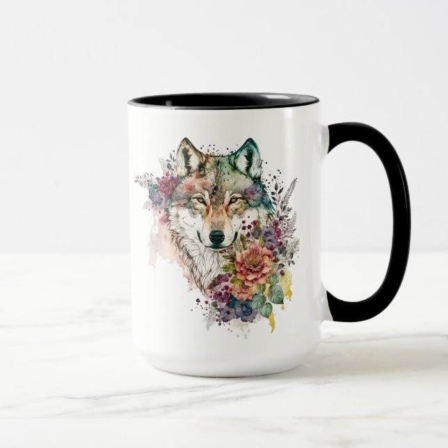 Mug Loup d'aquarelle avec fleurs dans la boue de la na (Droite)