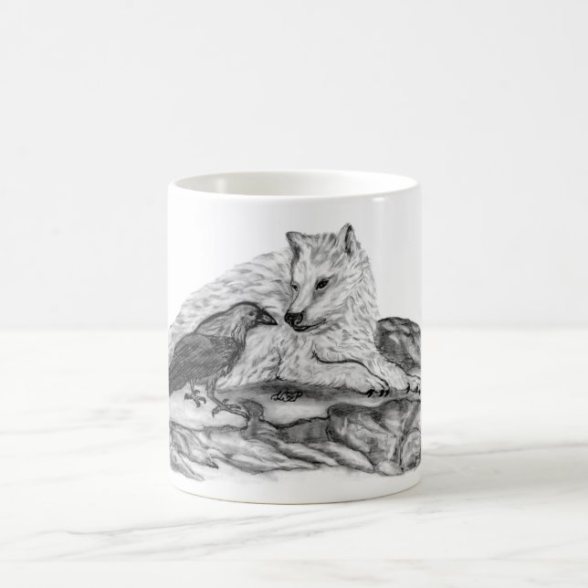 Mug Loup et corbeau - Design noir et blanc (Centre)