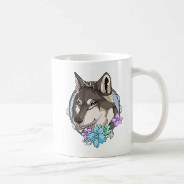 Mug Loup gris et fleurs illustrées (Droite)