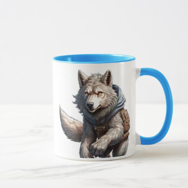 Mug Loup guerrier avec capuche et sac tactique. (Droite)