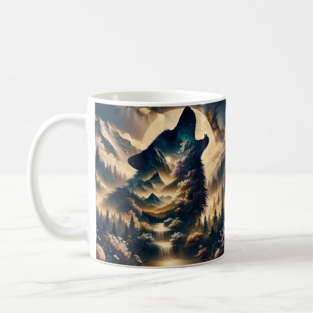 Mug Loup hurlant sur la lune une nuit nuageuse (Gauche)