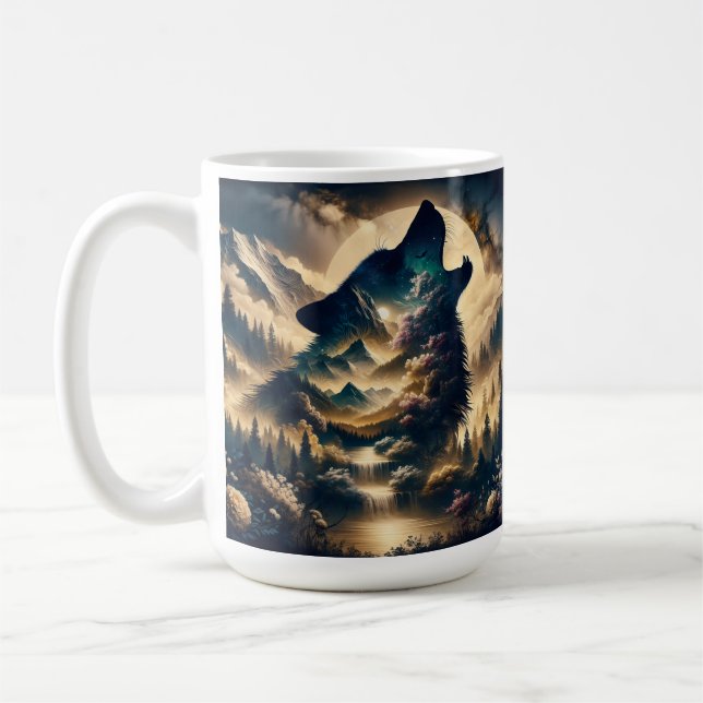 Mug Loup hurlant sur la lune une nuit nuageuse (Gauche)