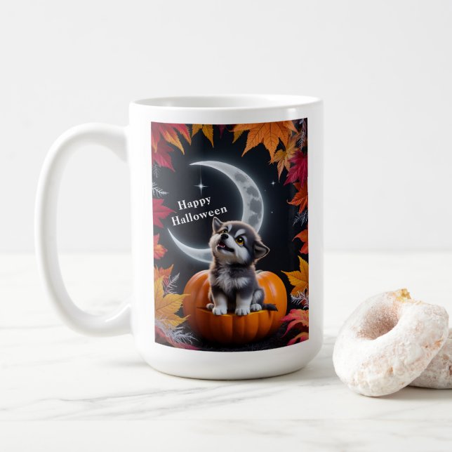 Mug Loup mignon avec Crescent Moon nuit automne scen (Avec donut)