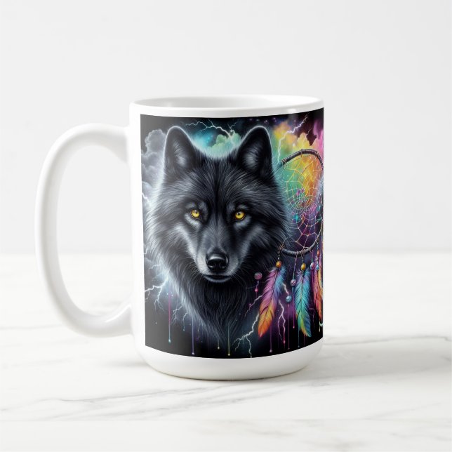 Mug Loup noir avec un catcheur de rêves (Gauche)