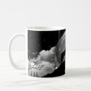 Mug Loup noir et blanc hurlant sur la lune