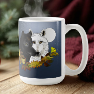 Mug Loups Blancs Noirs Clair de Lune Feuilles d'Automn