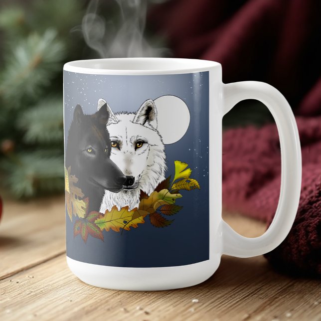 Mug Loups Blancs Noirs Clair de Lune Feuilles d'Automn (Créateur téléchargé)