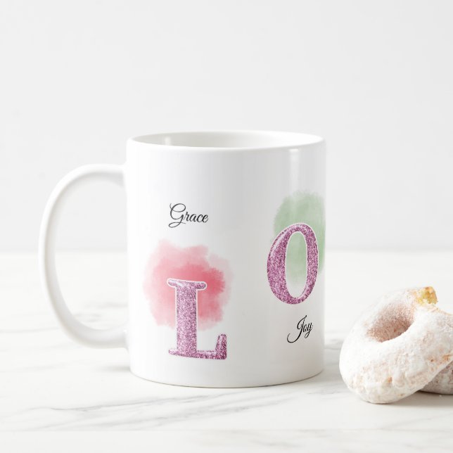 Mug LOVE Initial Nom Personnalisé Conception Aquarelle (Avec donut)