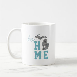Mug Love Michigan Maison avec des pavots gris et bleu