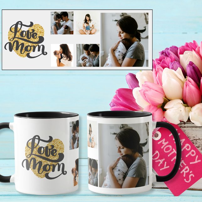 Mug Love Mom coeur or avec 5 photos personnalisées (Love Mom gold heart with 5 Custom Photos Mug)
