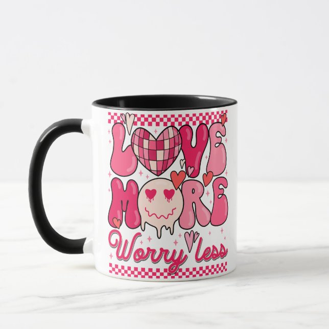 Mug Love More Worry Less Valentine Design • Retro Pink (Gauche)