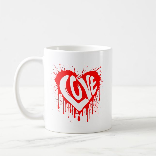Mug Love Retro Red Heart Valentine White Text (Gauche)
