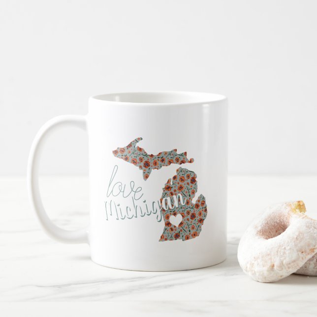 Mug Love State Of Michigan Poppies Flore Pattern (Avec donut)