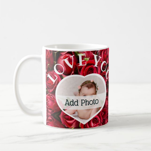 Mug Love You Heart Photo Red Roses Modern Script migno (Gauche)