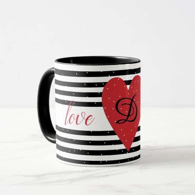 Mug Love You Modern Red Heart Stripes monogramme (Devant gauche)