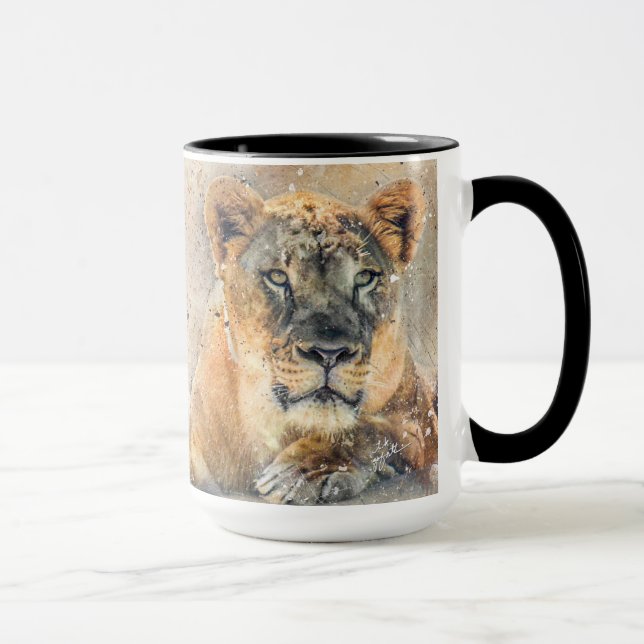 Mug Lovely Lioness Photographie Aquarelle moderne (Droite)