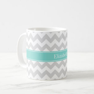 Mug Lt Gray Wht Chevron Aqua Turquoise Nom monogram
